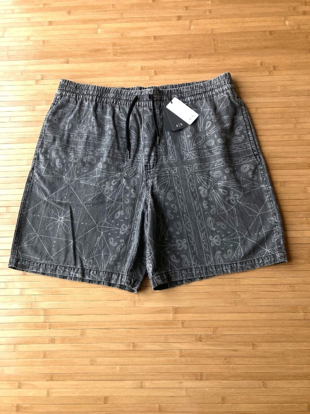 Armani Exchange A|X Cotton Linen Paisley Shorts Mens 38 Black Denim NWT